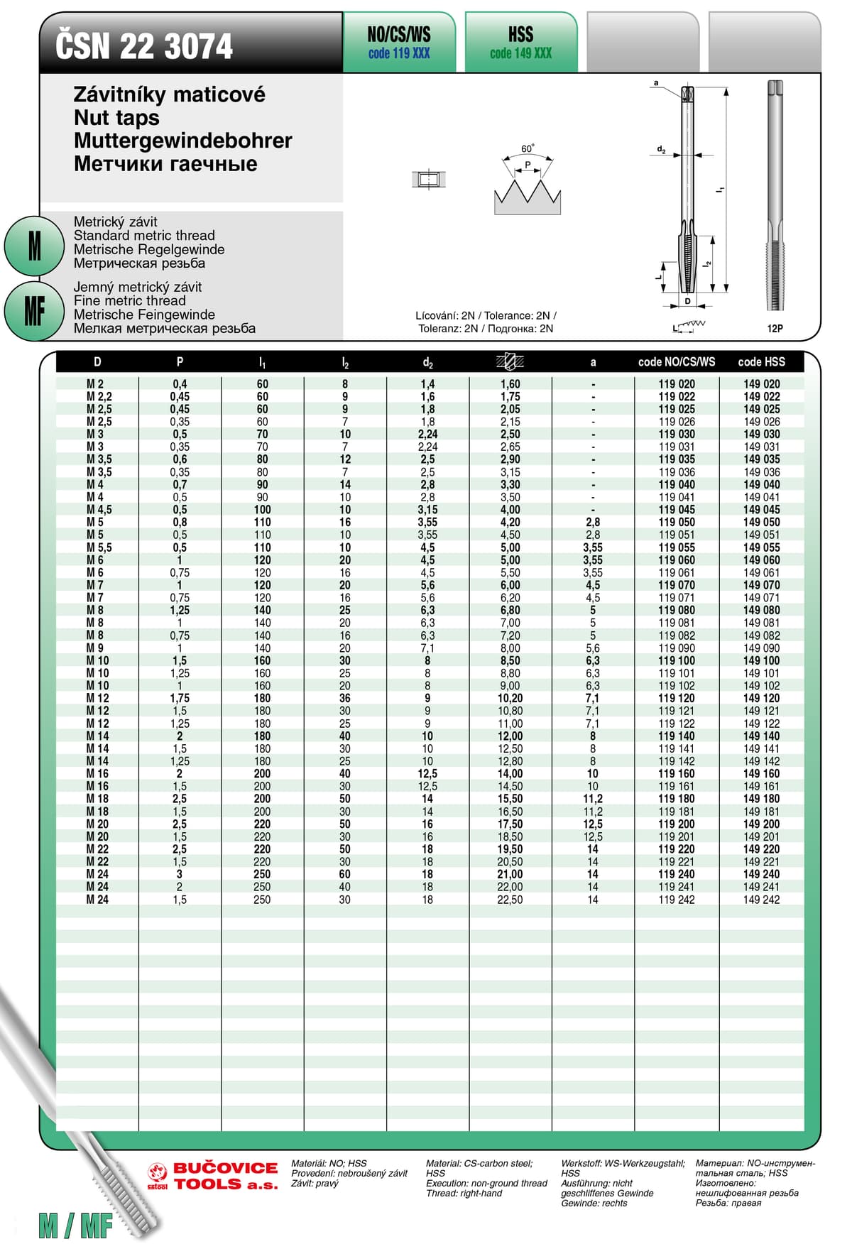Метчик гаечный BUCOVICE TOOLS, метрическая резьба М10/Ø8,5 мм сталь HSS удлиненная серия 149100