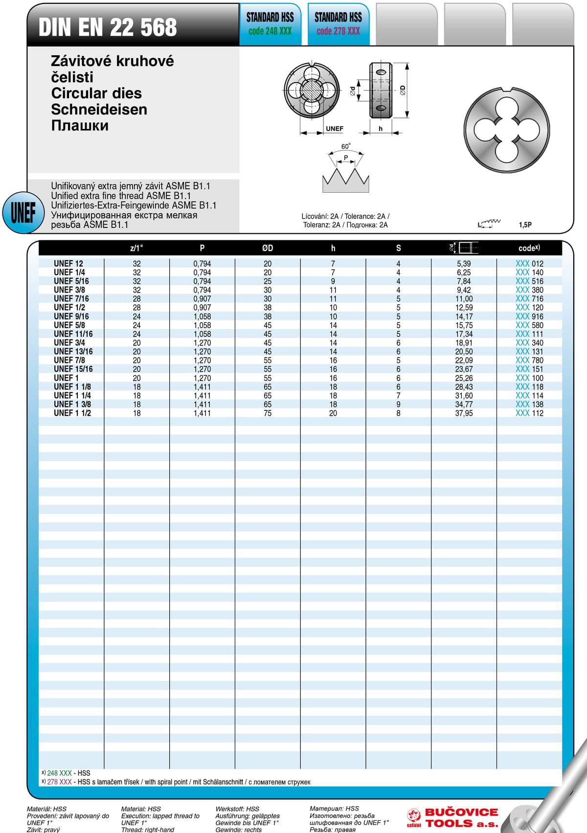 Плашка BUCOVICE TOOLS, резьба унифицированная екстра мелкая UNEF5/16 /Ø25,0 мм сталь HSS 248516