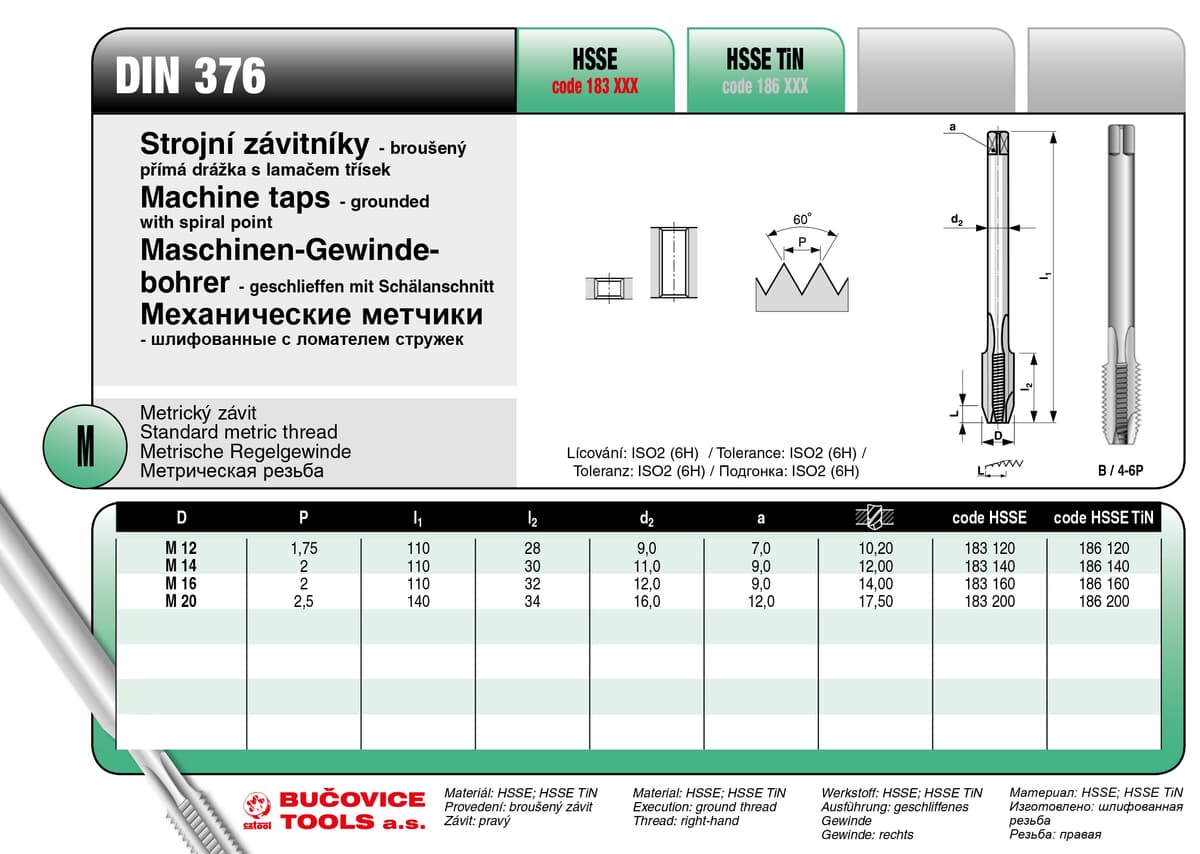 Метчик машинный BUCOVICE TOOLS, DIN метрическая резьба М14/Ø12,0 мм сталь HSSE шлифованный с ломателем стружек 183140