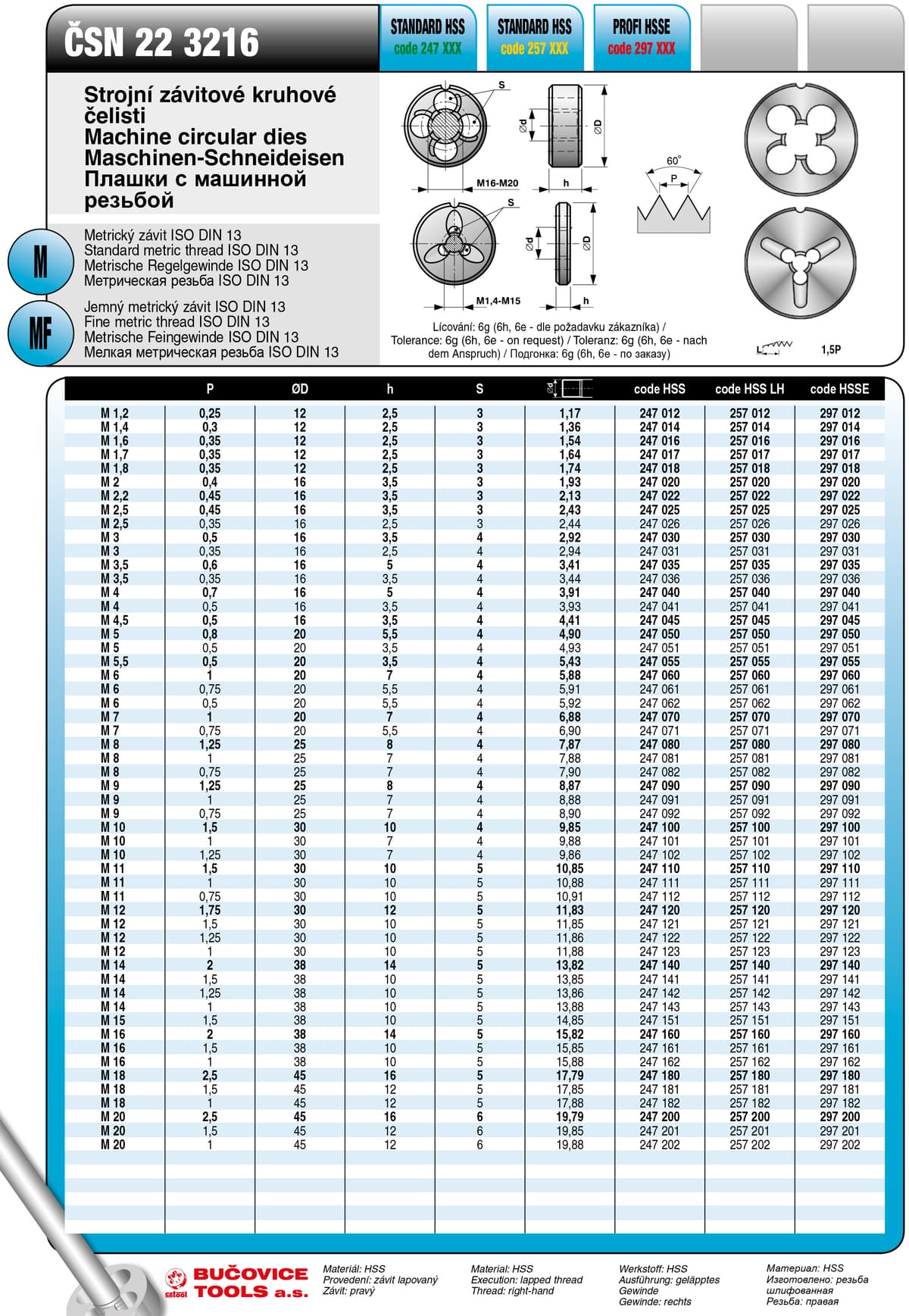 Плашка BUCOVICE TOOLS, машинная метрическая резьба M16/Ø38,0 мм сталь HSS 247160