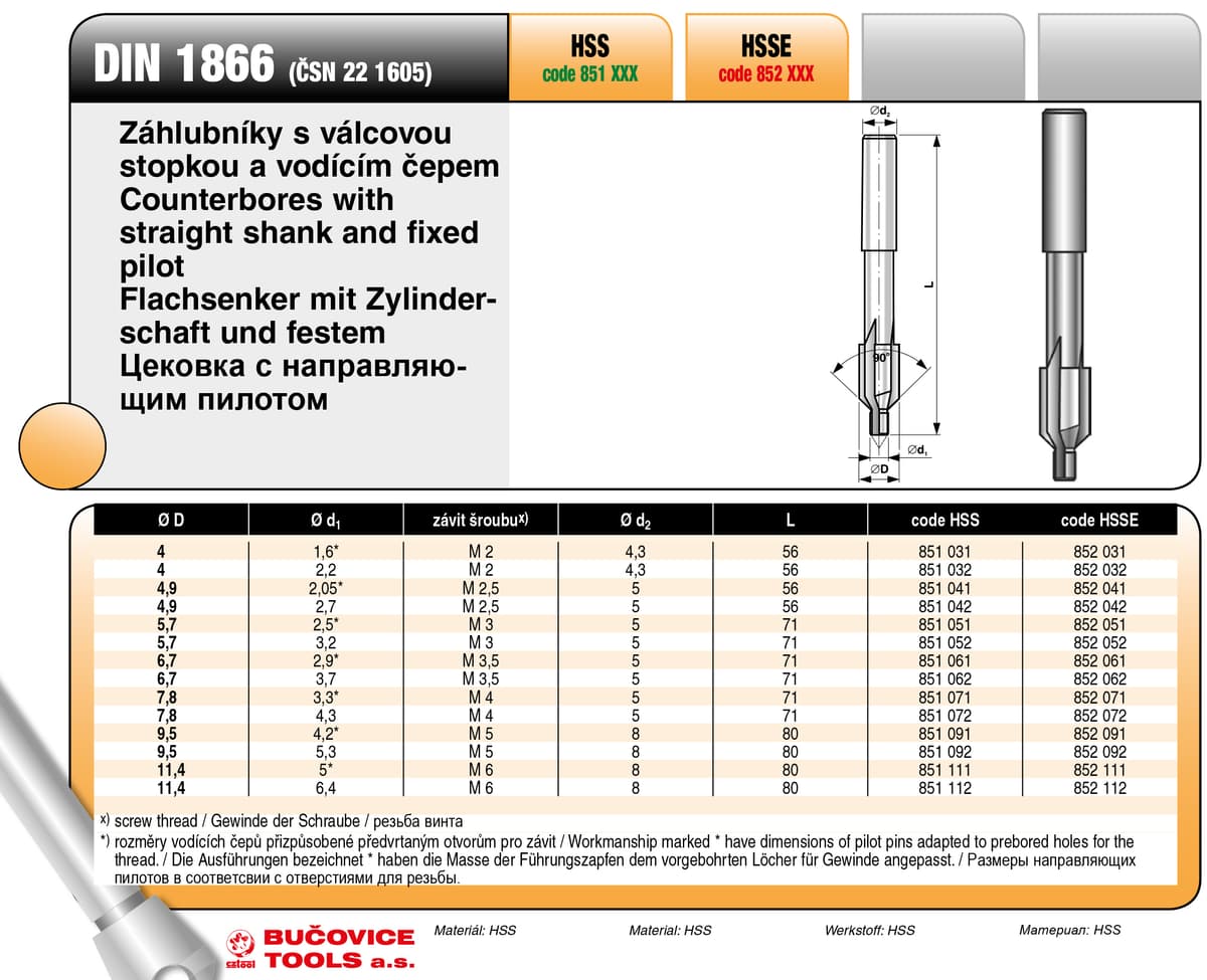 Цековка BUCOVICE TOOLS с направляющим пилотом DIN 1866, резьба M4/Ø7,8/3,3 мм сталь HSS 851071
