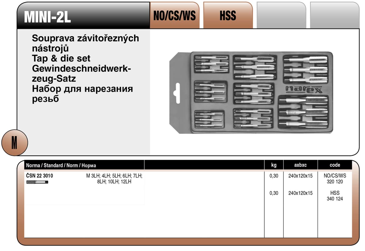 Набор резьбонарезной в пластиковой коробке MINI-2L BUCOVICE TOOLS метрическая резьба LH, инструментальная сталь HSS 340124