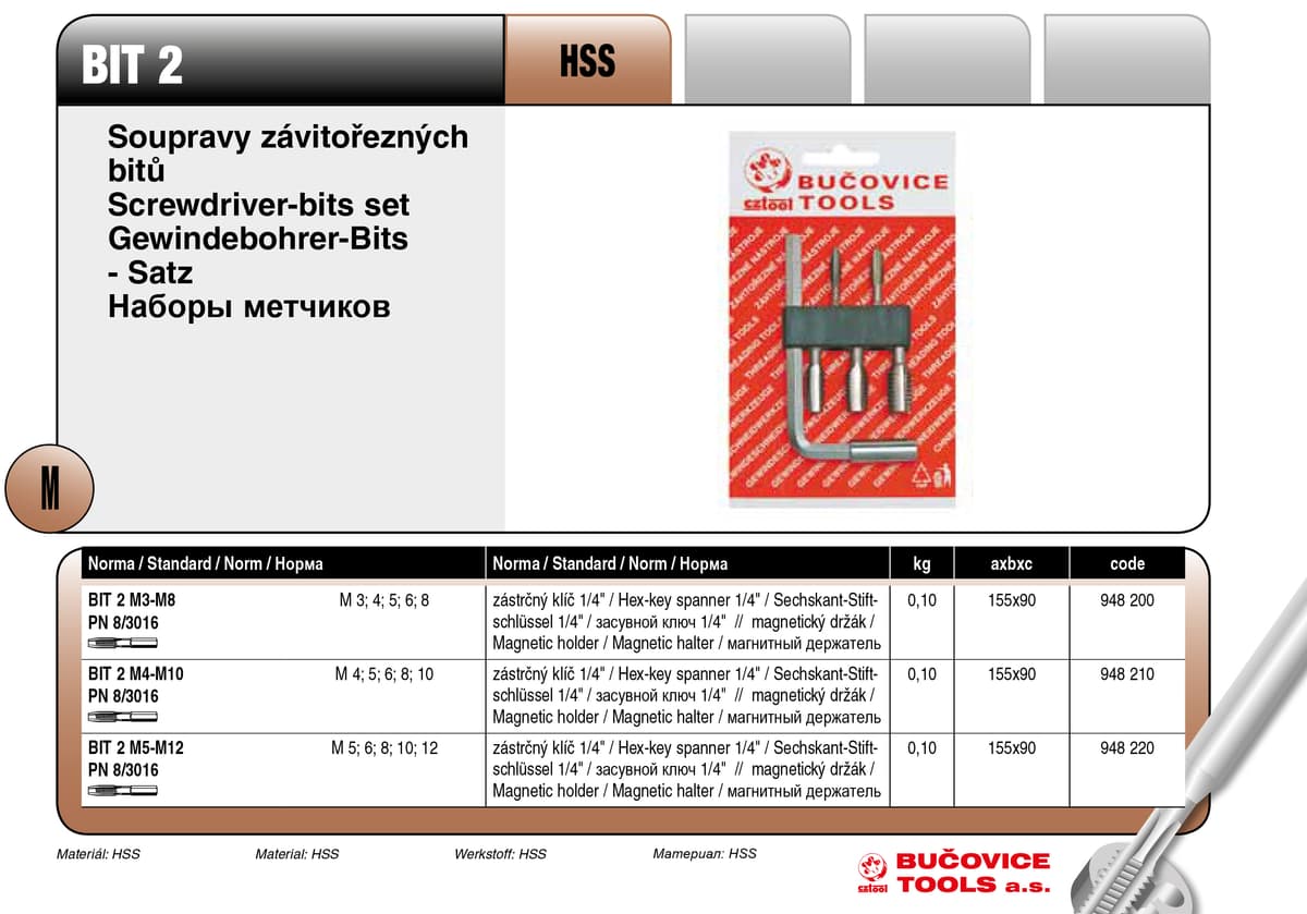 Набор из 5-ти метчиков  с Г-образным держателем BUCOVICE TOOLS метрическая резьба, сталь HSS 948210