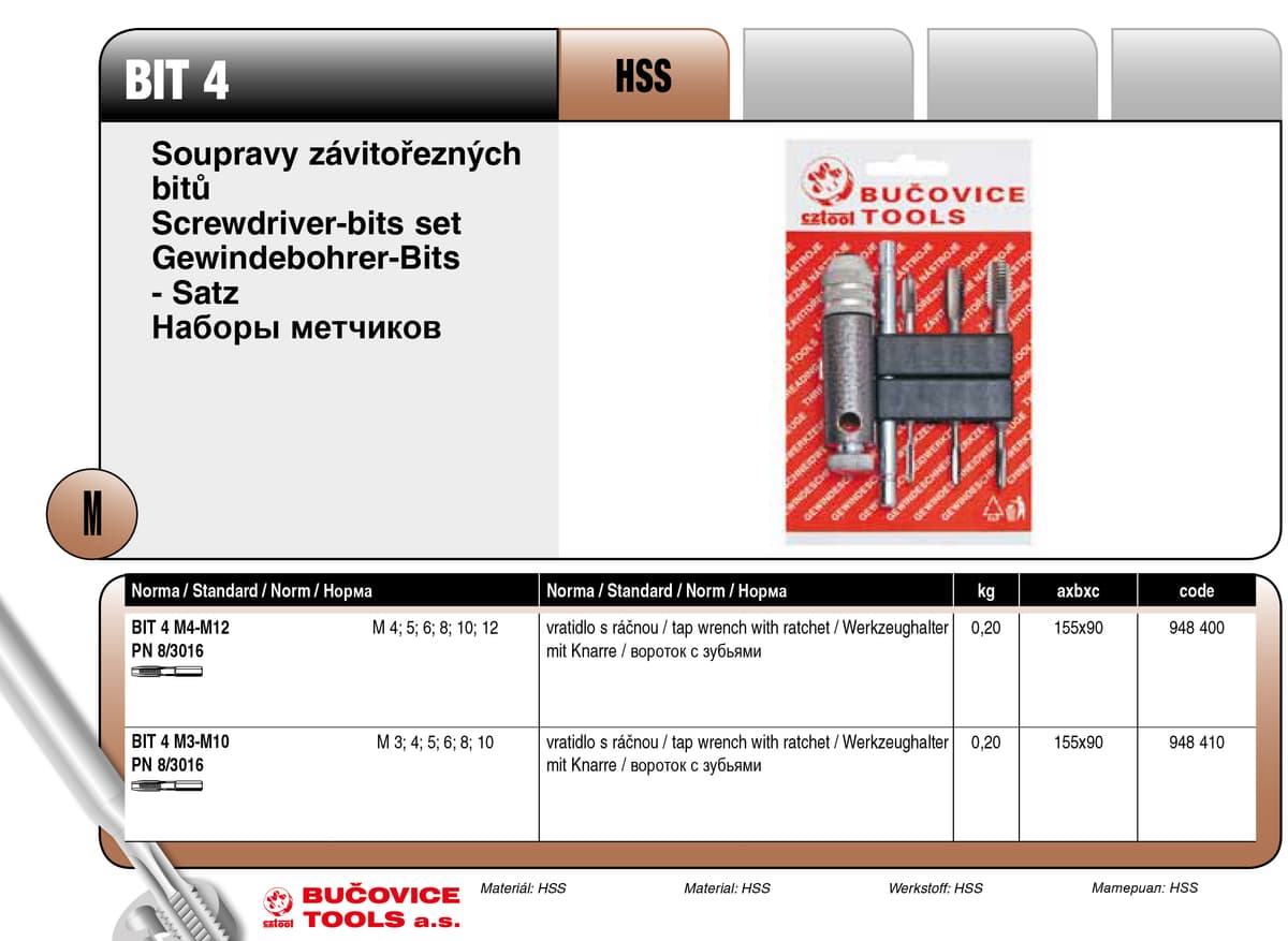 Набор метчиков с цанговым держателем с трещеткой BUCOVICE TOOLS метрическая резьба, инструментальная сталь (NO/CS) 948410