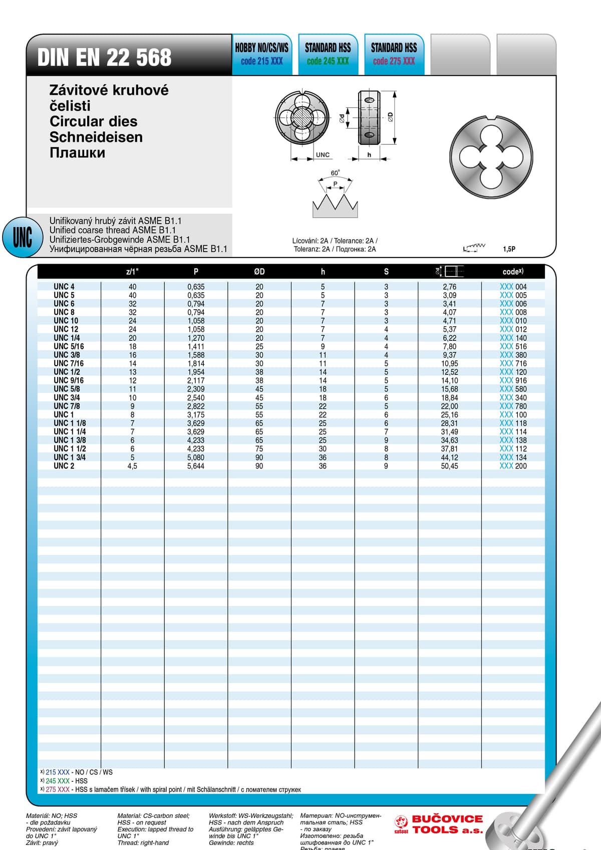 Плашка BUCOVICE TOOLS, резьба UNC 4/Ø20,0 мм сталь HSS 245004