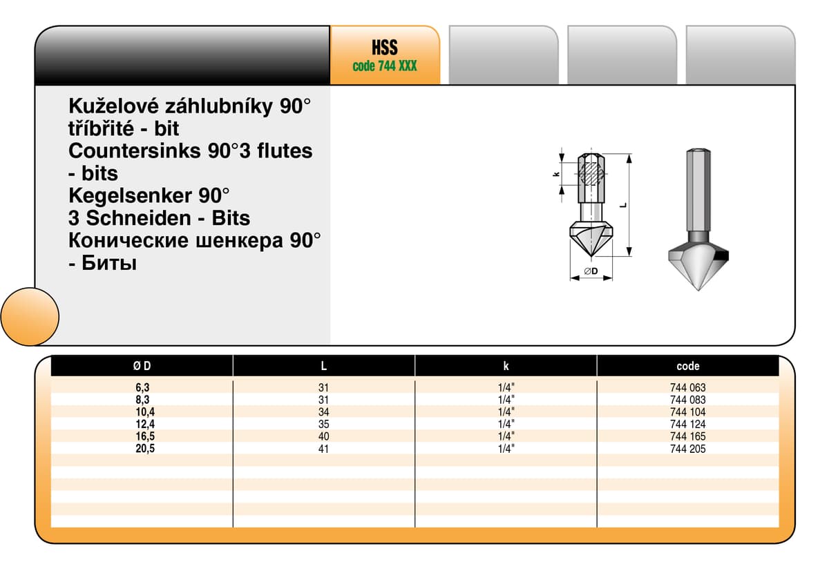 Зенкер конический BUCOVICE TOOLS с шестигранным хвостовиком 1/4", Ø12,4 сталь HSS 744124