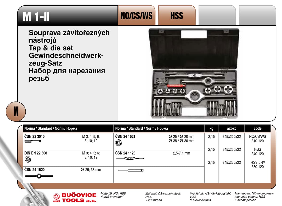 Набор резьбонарезной в пластиковой коробке M 1-II BUCOVICE TOOLS метрическая резьба, инструментальная сталь NO/CS 310120