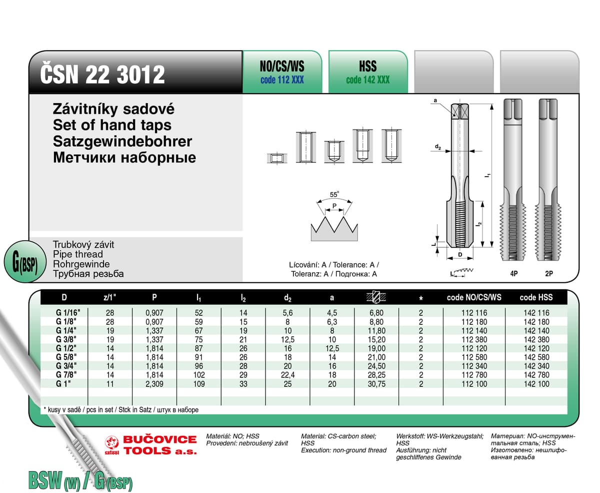 Метчики ручные BUCOVICE TOOLS, набор из 2 шт трубная резьба G 1"/Ø30,5 мм Сталь HSS 142100