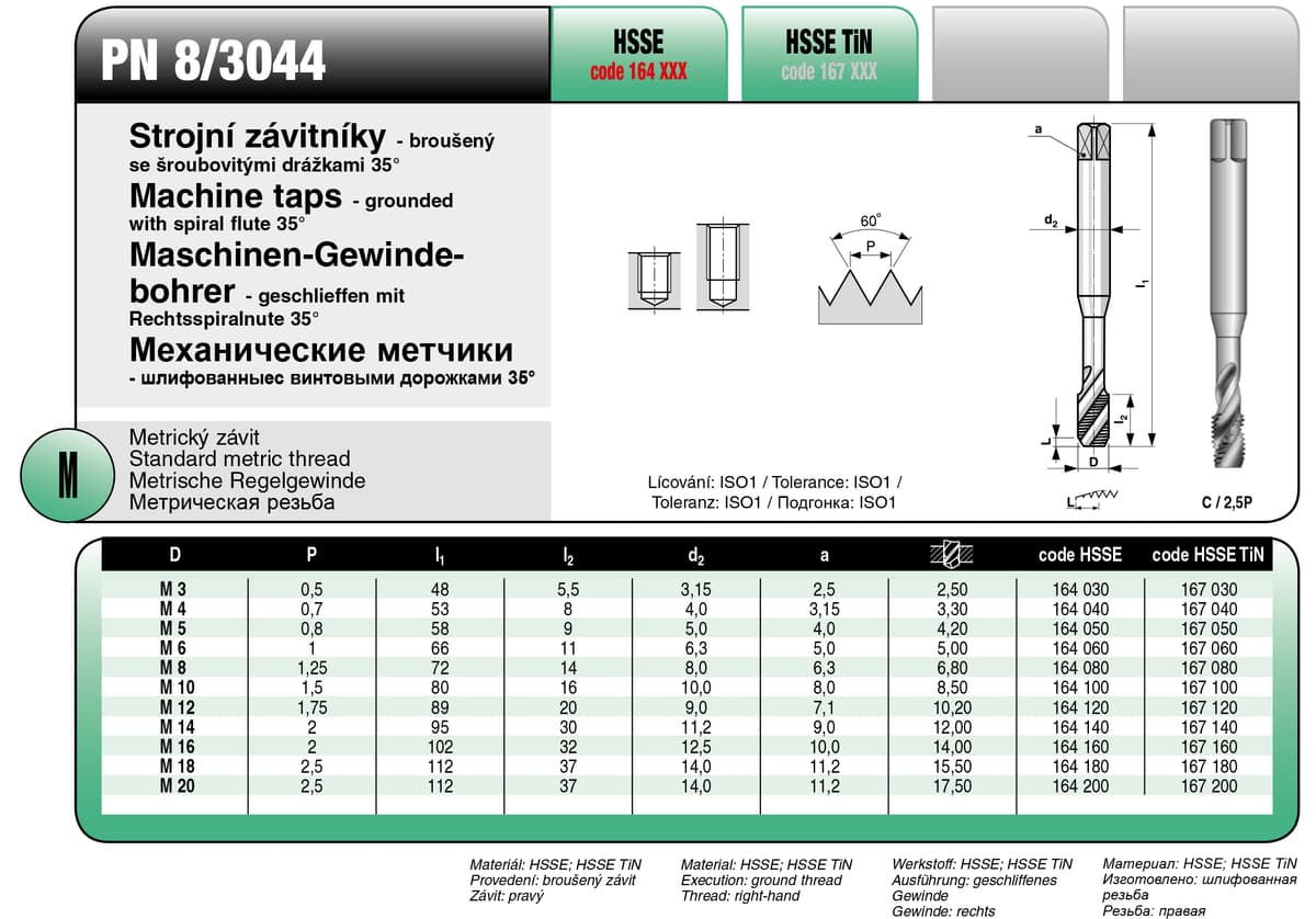 Метчик машинный BUCOVICE TOOLS, PN метрическая резьба М12/Ø10,20 мм сталь HSSE с винтовыми дорожками 35° 164120