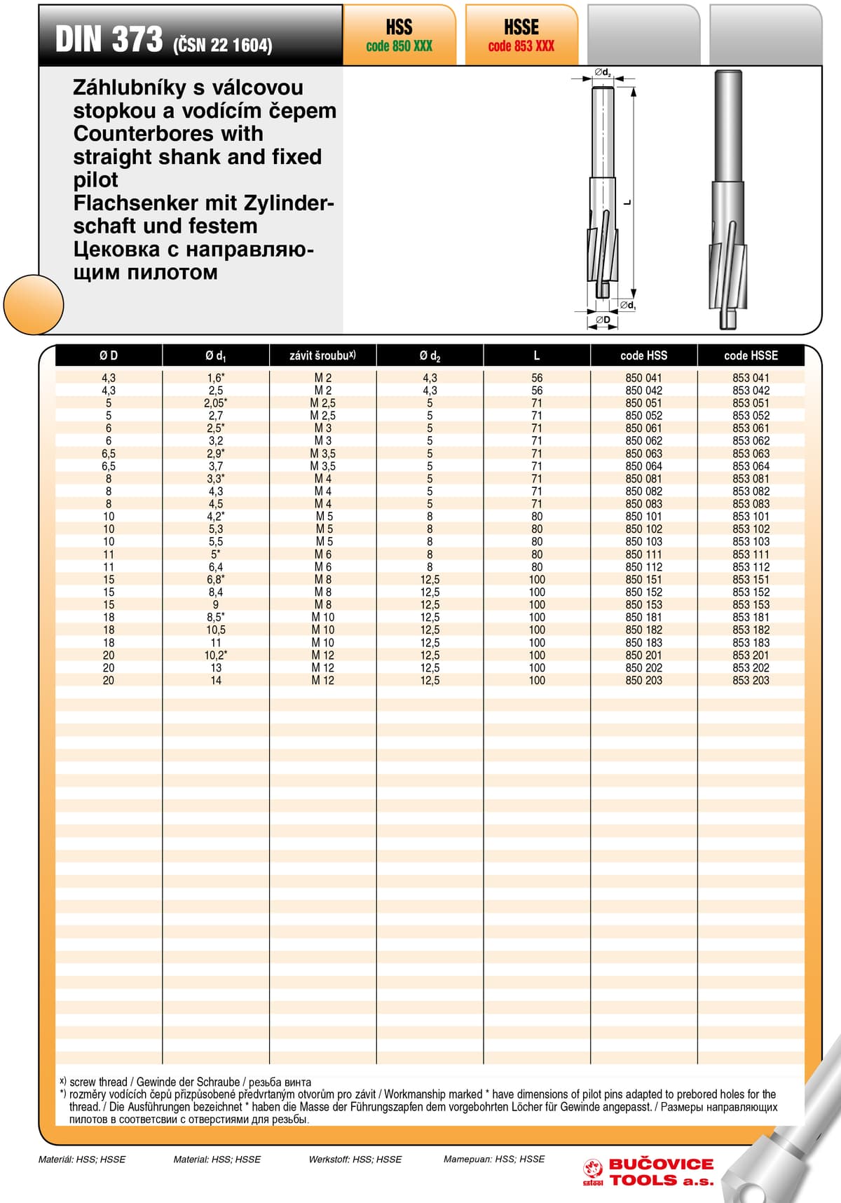 Цековка BUCOVICE TOOLS с направляющим пилотом DIN 373, резьба M4/Ø8,0/4,3 мм сталь HSS 850082