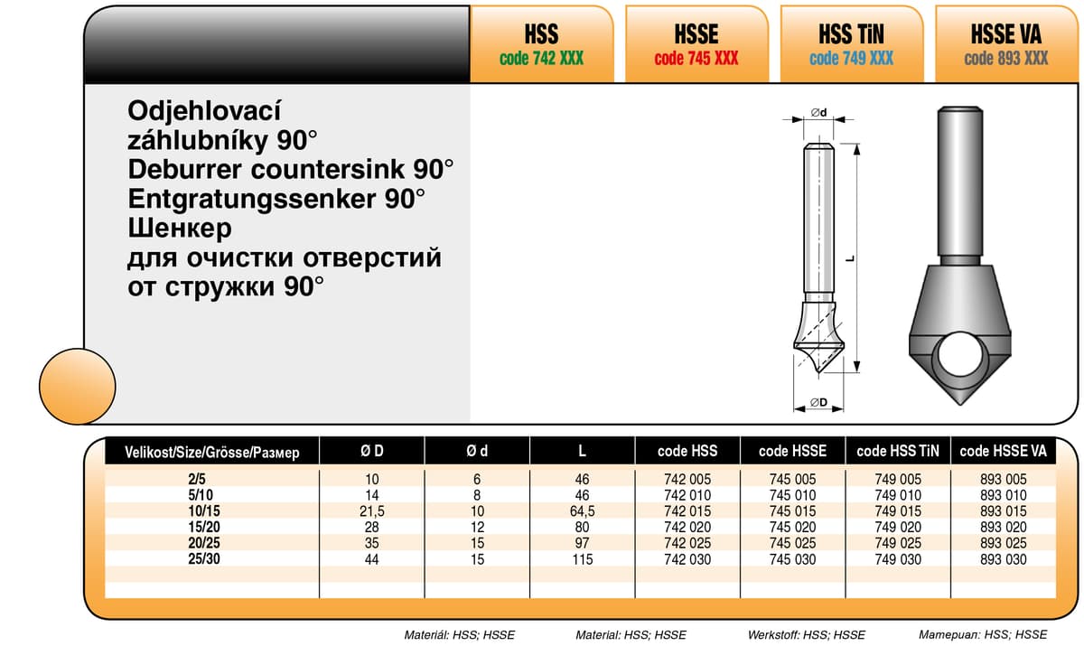 Зенкер для снятия стружки BUCOVICE TOOLS, Ø2мм-5мм сталь HSS 742005