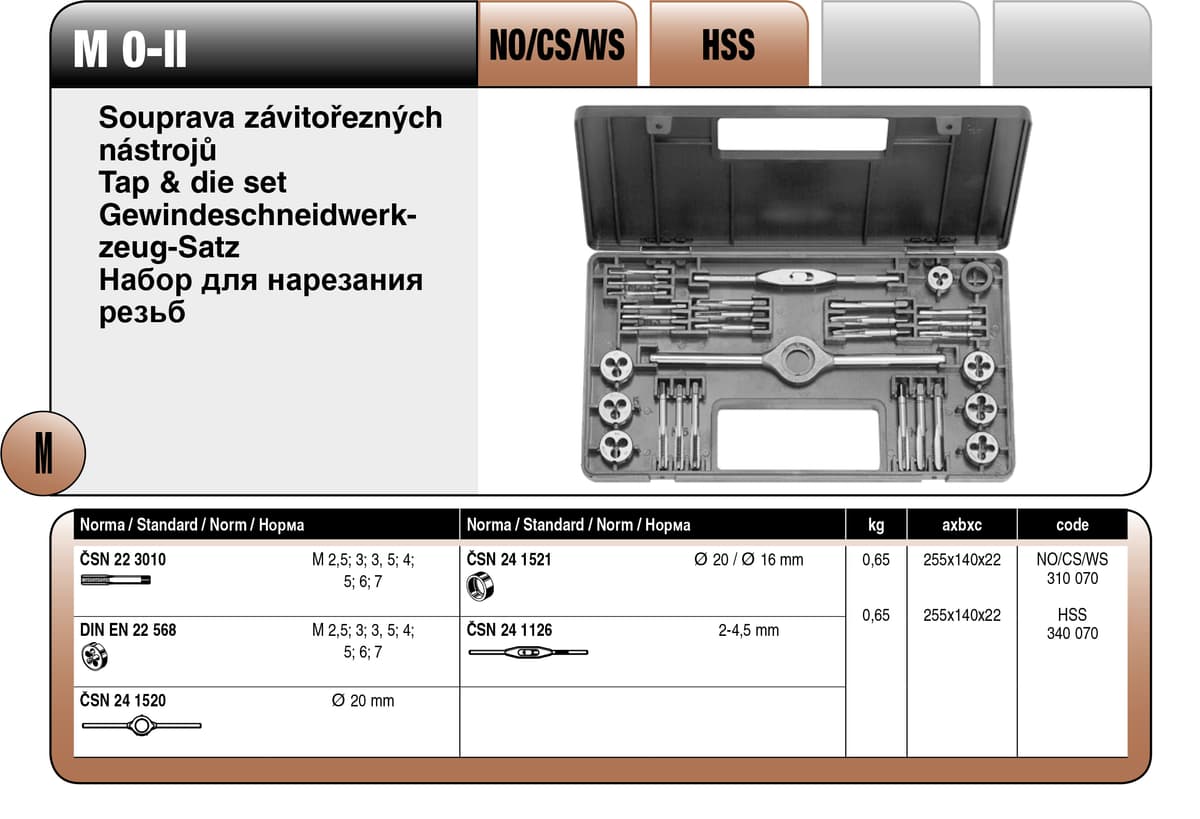Набор резьбонарезной в M-0-II  в пластиковой коробке BUCOVICE TOOLS метрическая резьба, инструментальная сталь NO/CS 310070