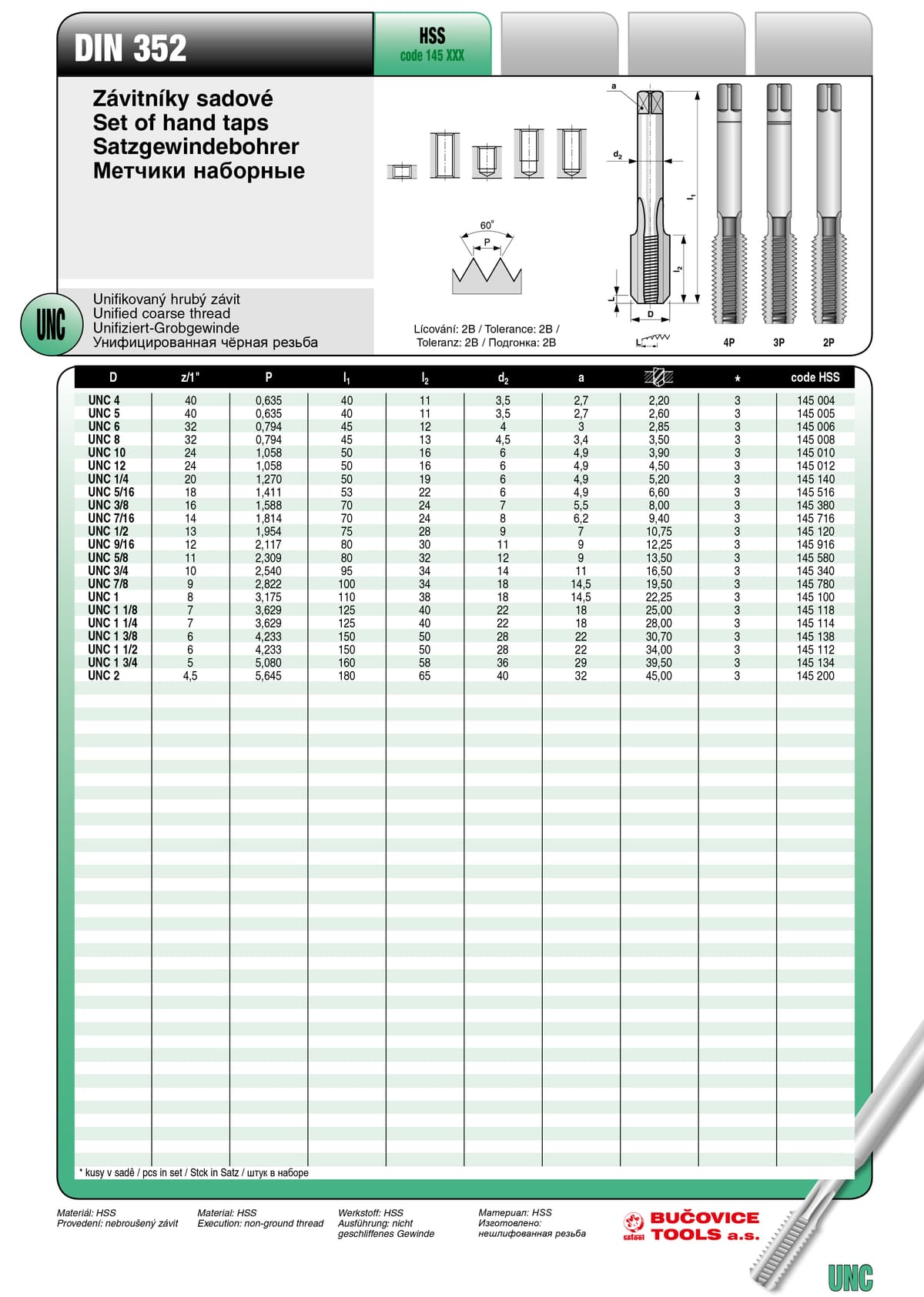 Метчики ручные BUCOVICE TOOLS, набор из 3 шт DIN Резьба UNC, UNC 8/Ø3.5 мм Сталь HSS 145008