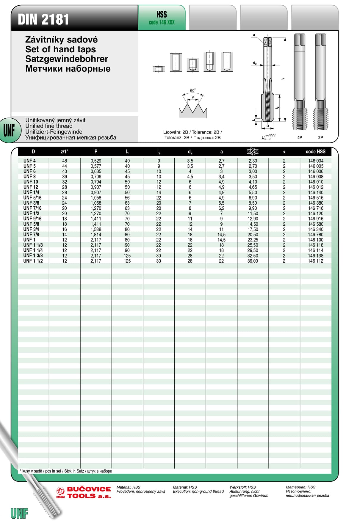 Метчики ручные BUCOVICE TOOLS, набор из 2 шт DIN Резьба UNF, UNF9/16 /Ø12,9 мм Сталь HSS 146916