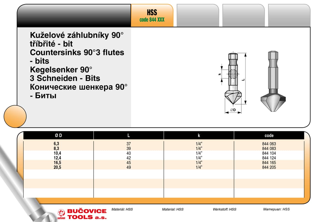 Зенкер конический 90° бита BUCOVICE TOOLS, Ø8,3 мм сталь HSS 844083