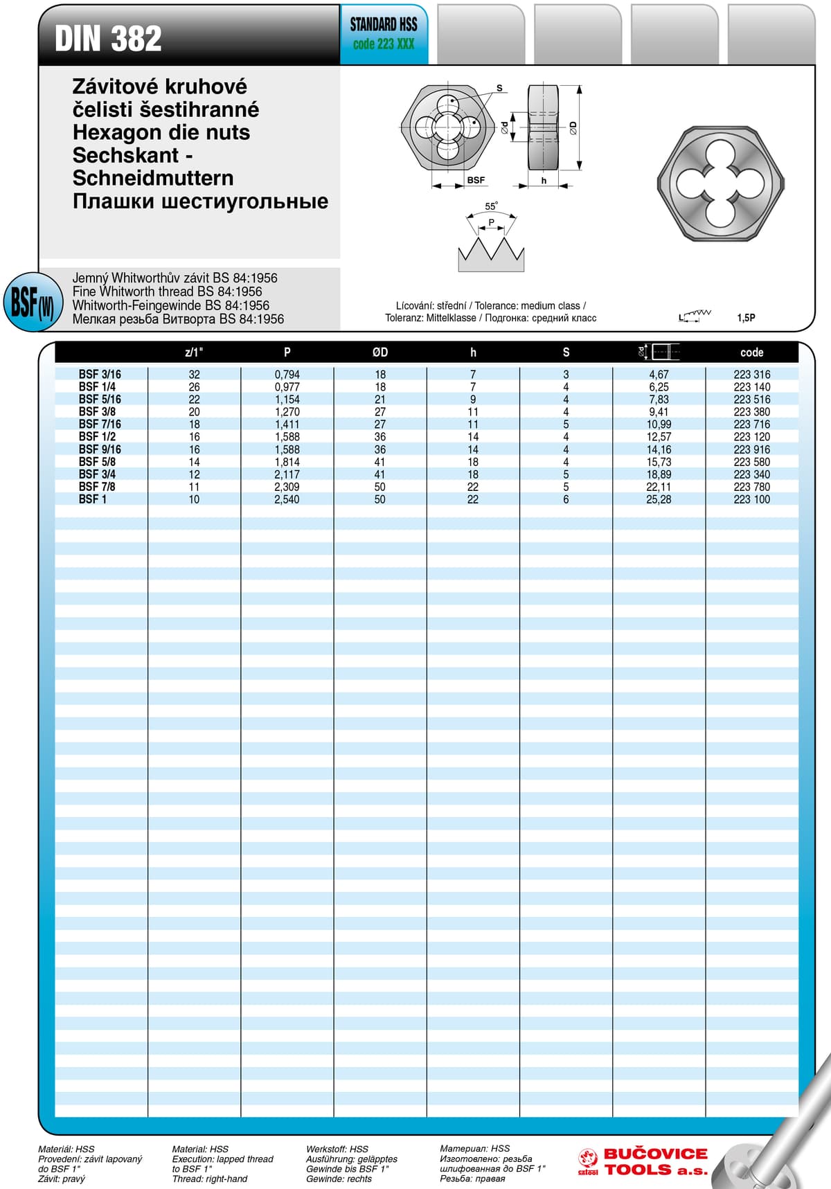 Плашка шестиугольная BUCOVICE TOOLS, мелкая резьба Витворта BSF9/16/Ø36,0 мм сталь HSS 223916