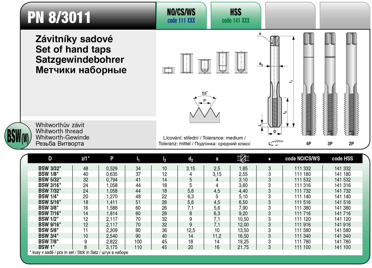 Метчики ручные BUCOVICE TOOLS, набор из 2 шт резьба Витворта BSW 1/2"/Ø10,5 мм Сталь HSS 141120
