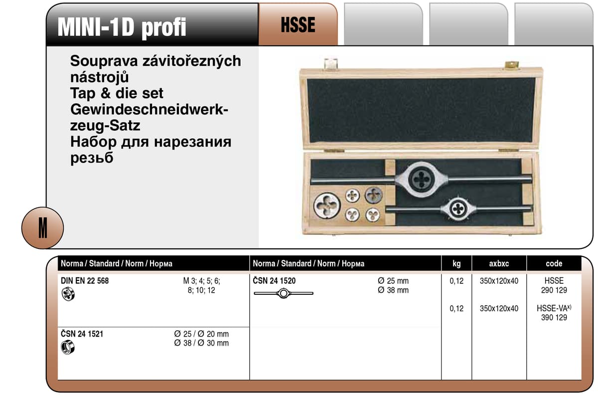 Набор резьбонарезной в деревянной коробке MINI-1D profi BUCOVICE TOOLS метрическая резьба, инструментальная сталь HSSE-VA 390129