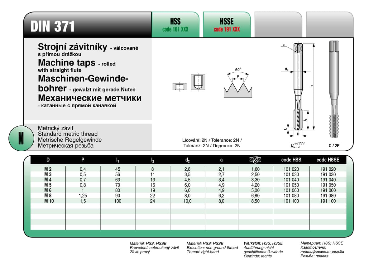 Метчики машинные BUCOVICE TOOLS, DIN метрическая резьба М6/Ø5,0 мм сталь HSS с прямой канавкой 101060