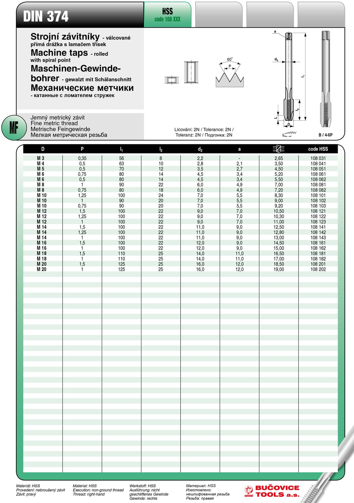 Метчик машинный BUCOVICE TOOLS, DIN метрическая мелкая резьба М8/Ø7,0 мм сталь HSS с ломателем стружек 108081