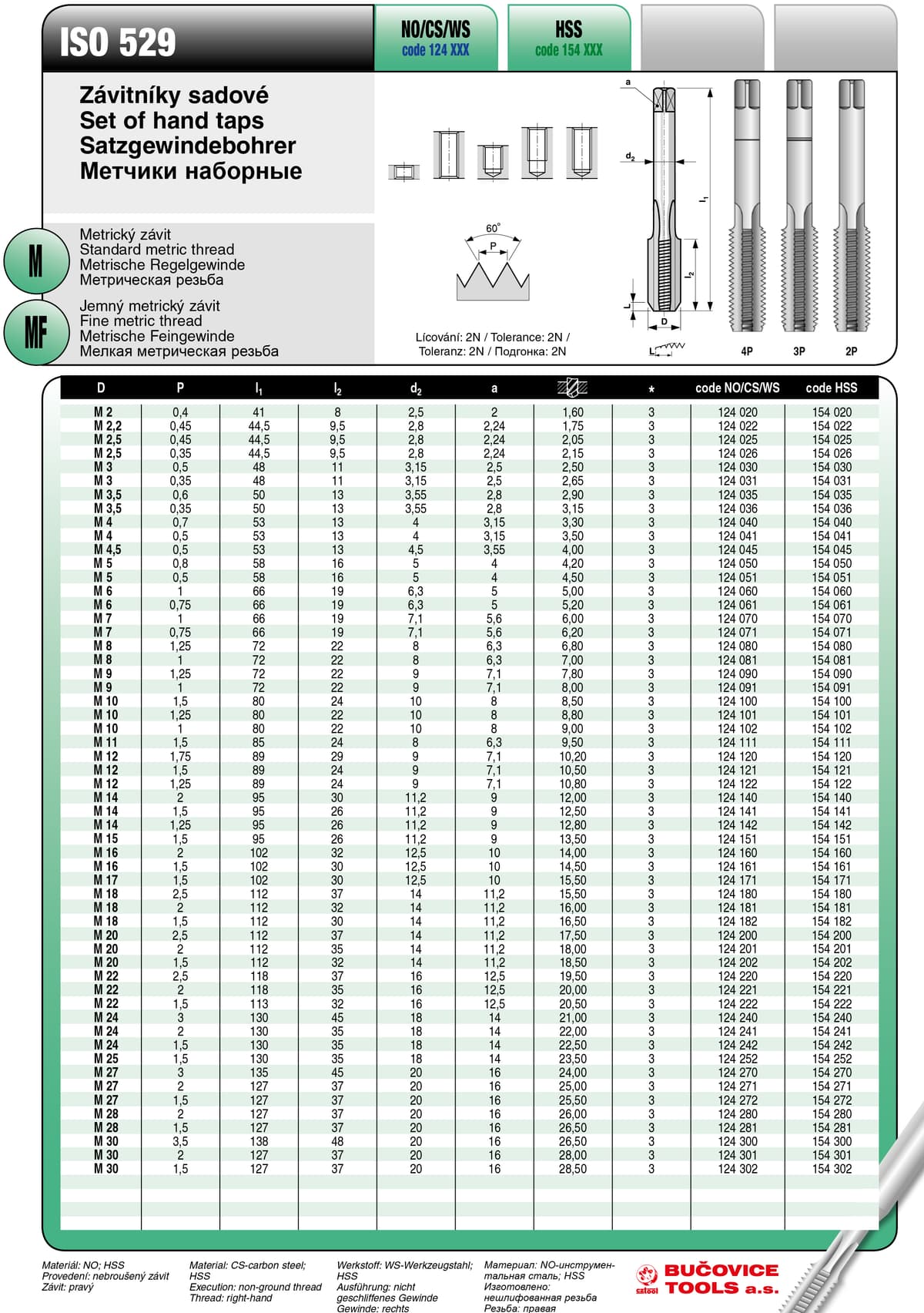 Метчики ручные BUCOVICE TOOLS, набор из 3 шт ISO метрическая резьба М24/Ø21,0 мм сталь HSS 154240
