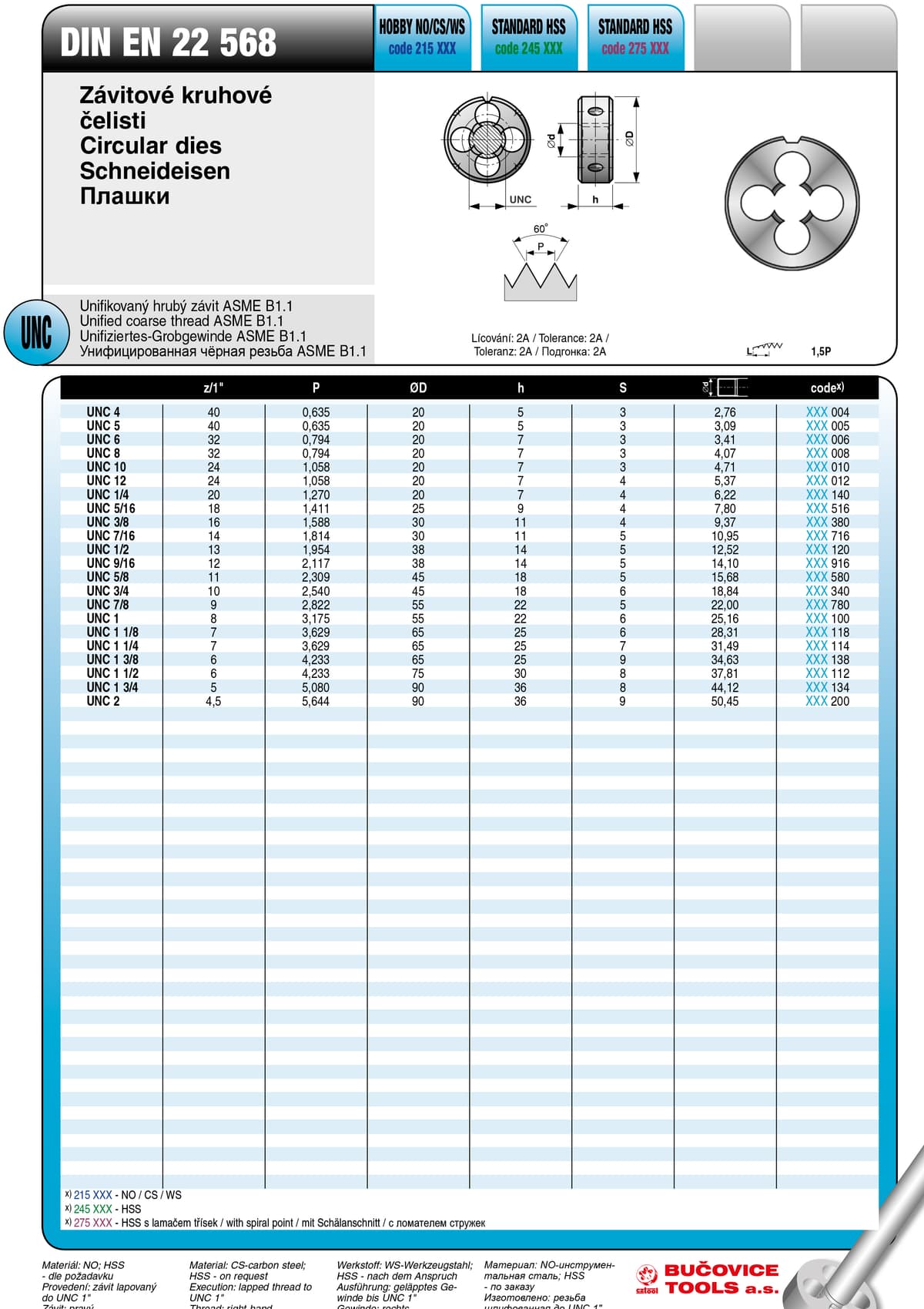 Плашка BUCOVICE TOOLS, резьба UNC 1/2 /Ø38,0 мм сталь HOBBY NO/CS/WS 215120