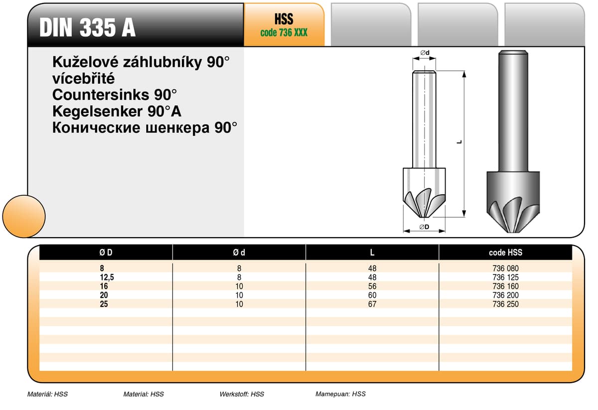 Зенкер конический 90° BUCOVICE TOOLS, Ø12,5/Ø хвостовика 8,0 мм сталь HSS 736125