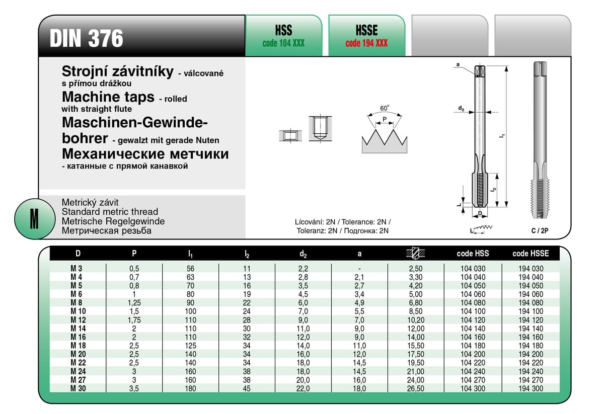 Метчики машинные BUCOVICE TOOLS, DIN метрическая резьба М30/Ø26,5 мм сталь HSSE с прямой канавкой 194300