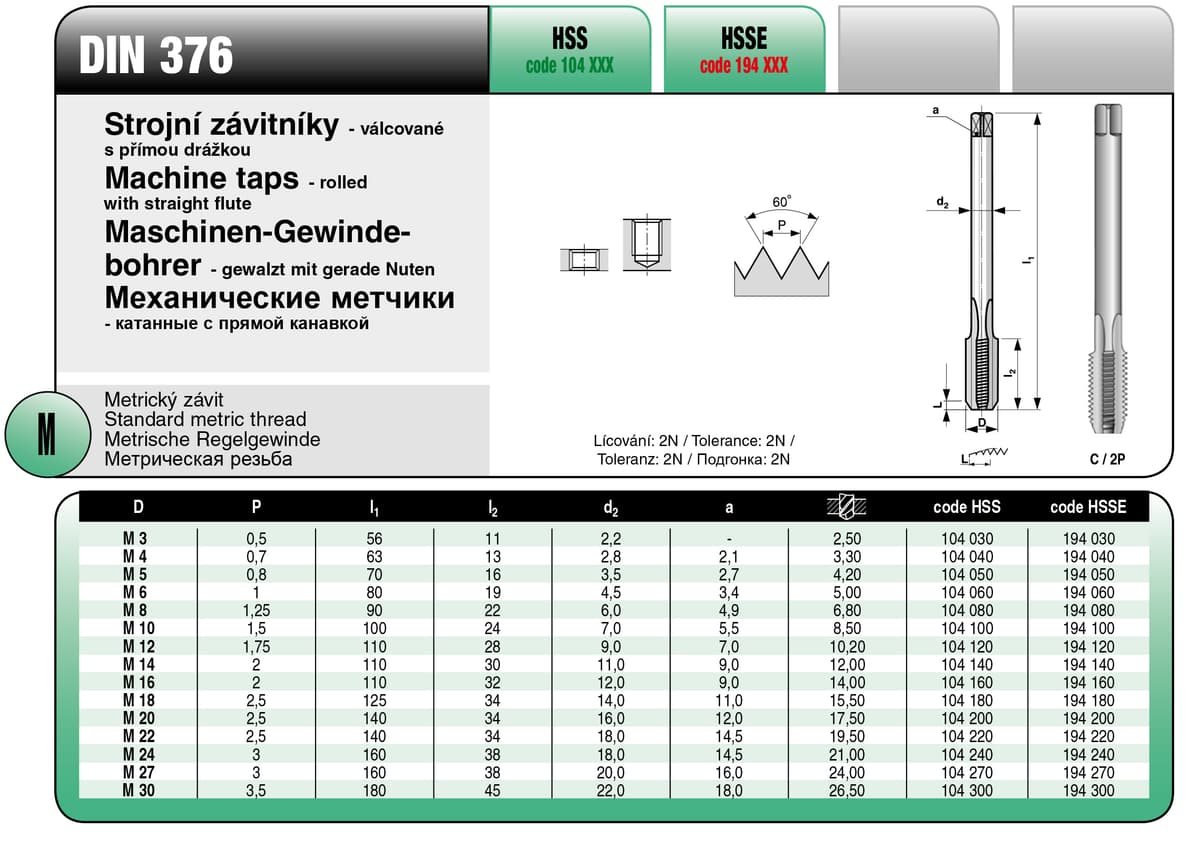 Метчики машинные BUCOVICE TOOLS, DIN метрическая резьба М12/Ø10,2 мм сталь HSS с прямой канавкой 104120