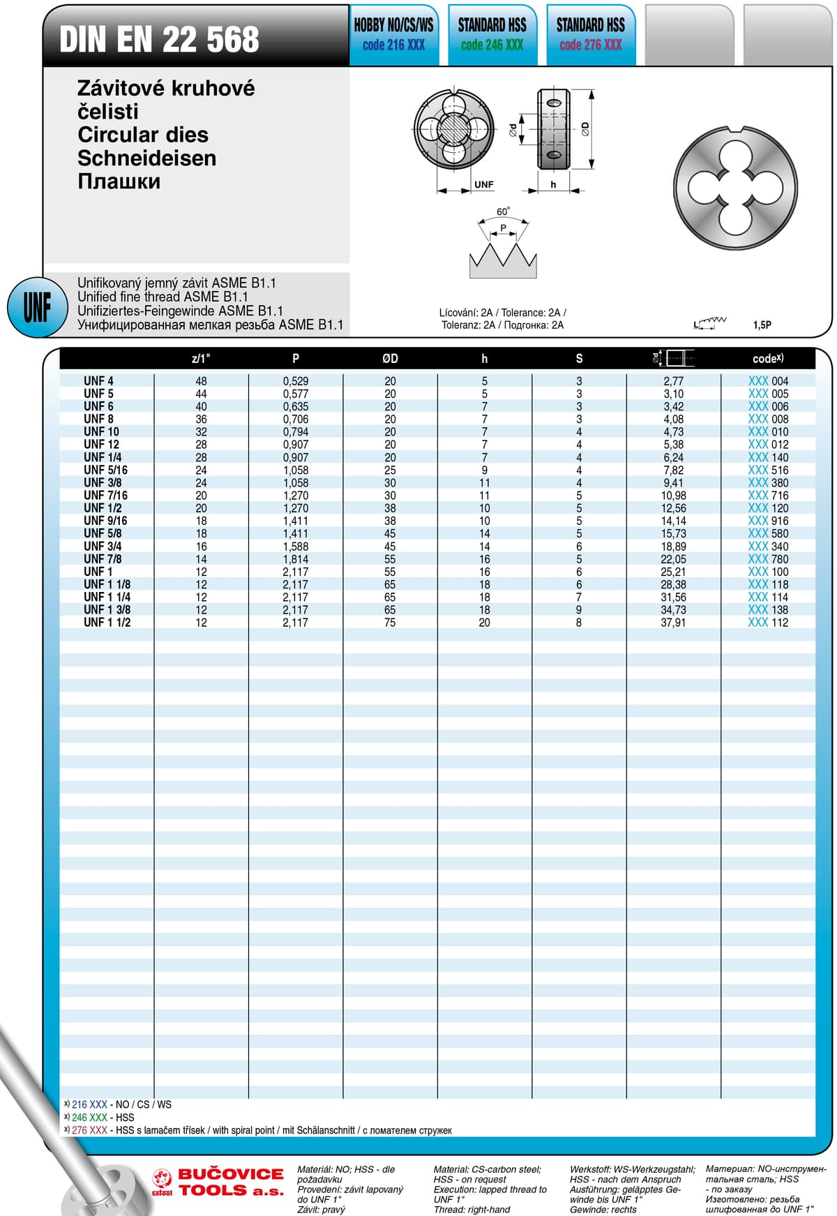 Плашка BUCOVICE TOOLS, резьба UNF 1/2 /Ø38,0 мм сталь HOBBY NO/CS/WS 216120
