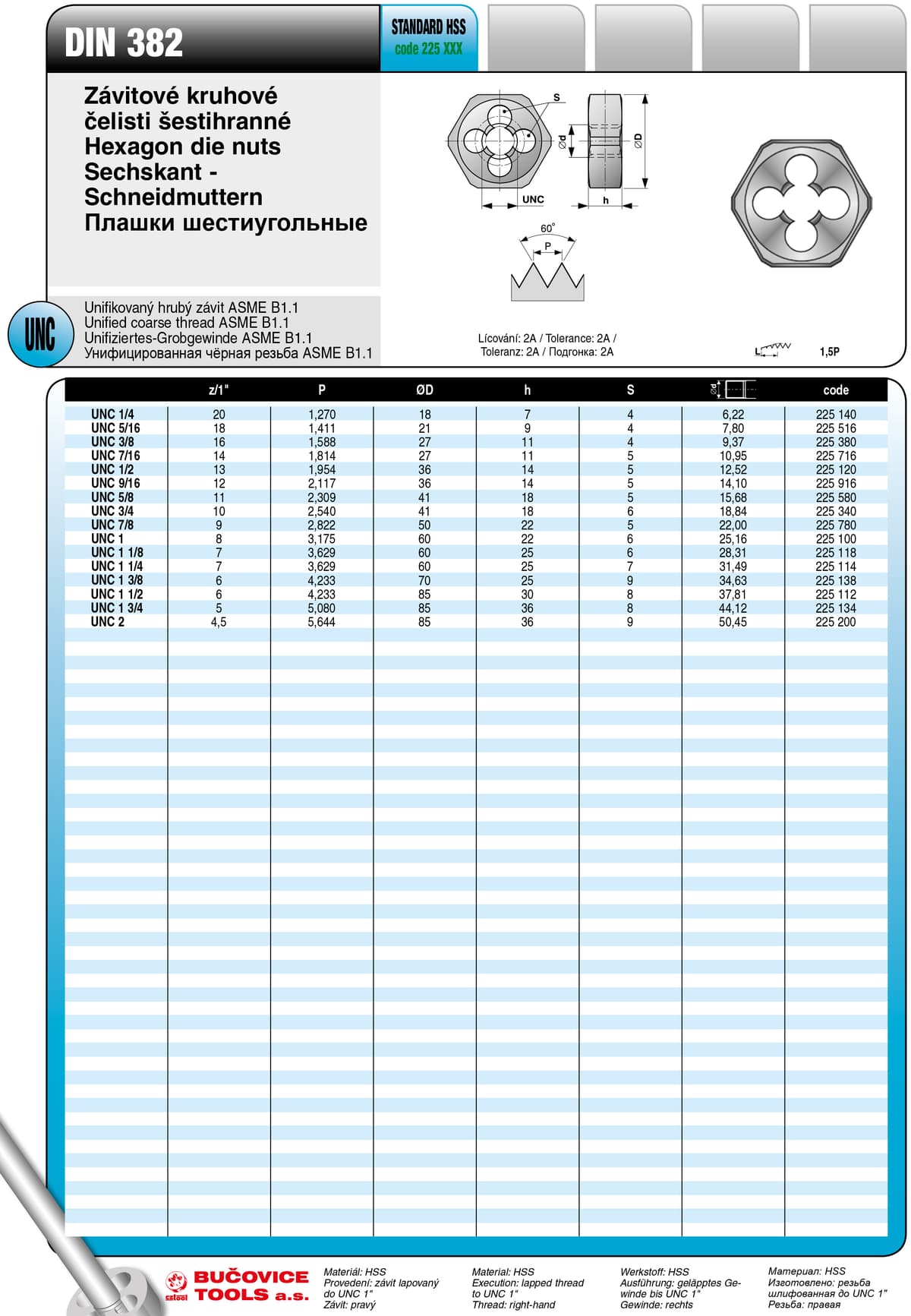 Плашка шестиугольная BUCOVICE TOOLS, унифицированная чёрная резьба UNC5/16/Ø21,0 мм сталь HSS 225516