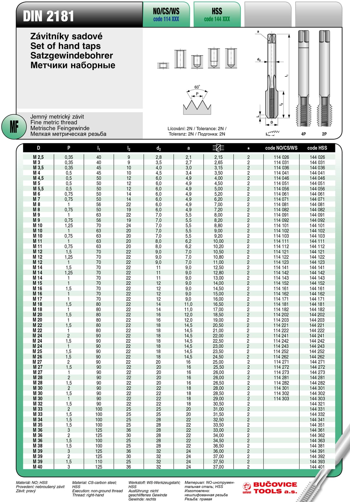 Метчики ручные BUCOVICE TOOLS, набор из 2 шт DIN метрическая мелкая резьба М28/Ø26,5 мм сталь HSS 144282
