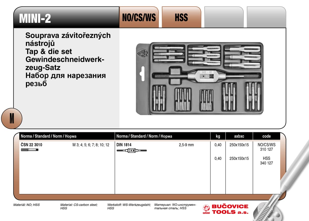 Набор резьбонарезной в пластиковой коробке MINI-2 BUCOVICE TOOLS метрическая резьба, инструментальная сталь NO/CS 310127