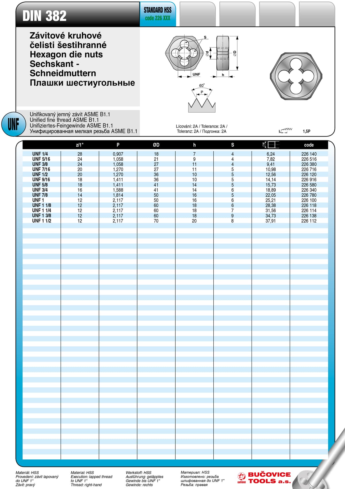 Плашка шестиугольная BUCOVICE TOOLS, унифицированная мелкая резьба UNF5/16/Ø21,0 мм сталь HSS 226516