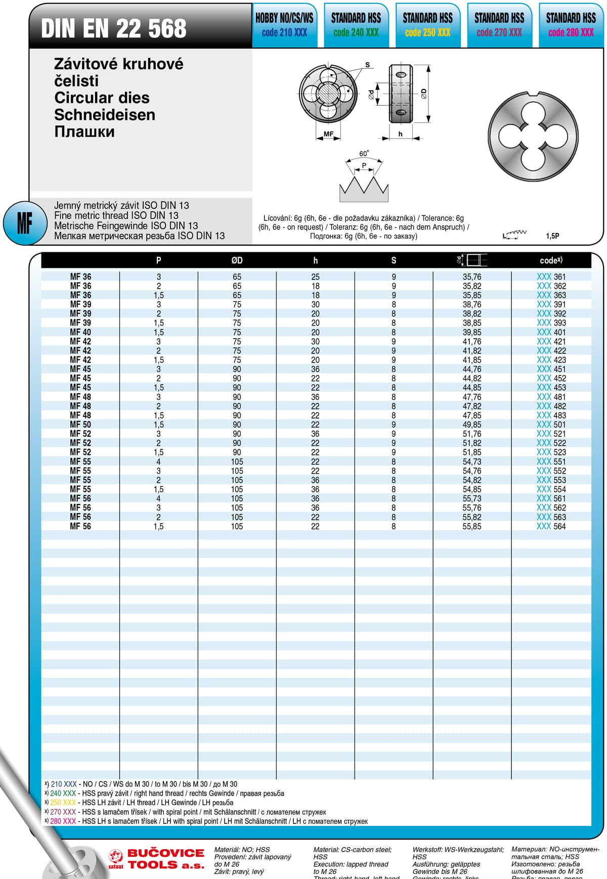 Плашка BUCOVICE TOOLS, метрическая мелкая резьба MF45/Ø90,0 мм сталь HSS 240453