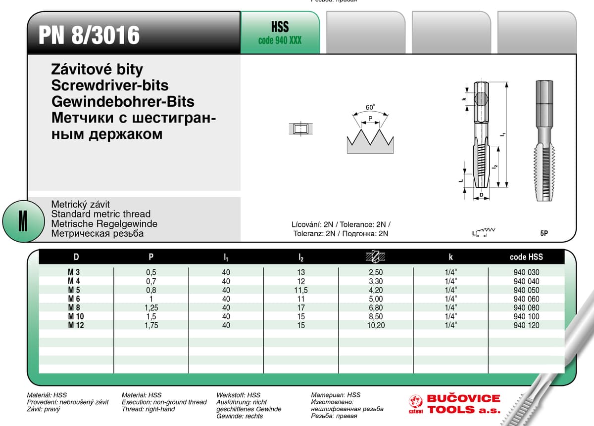 Метчик-бита BUCOVICE TOOLS, метрическая резьба М10/Ø8,5 мм сталь HSS с шестигранным хвостовиком 1/4" 940100