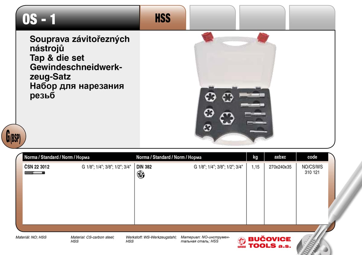 Набор резьбонарезной в пластиковом кейсе OS 1 BUCOVICE TOOLS трубная резьба, сталь HSS 340220