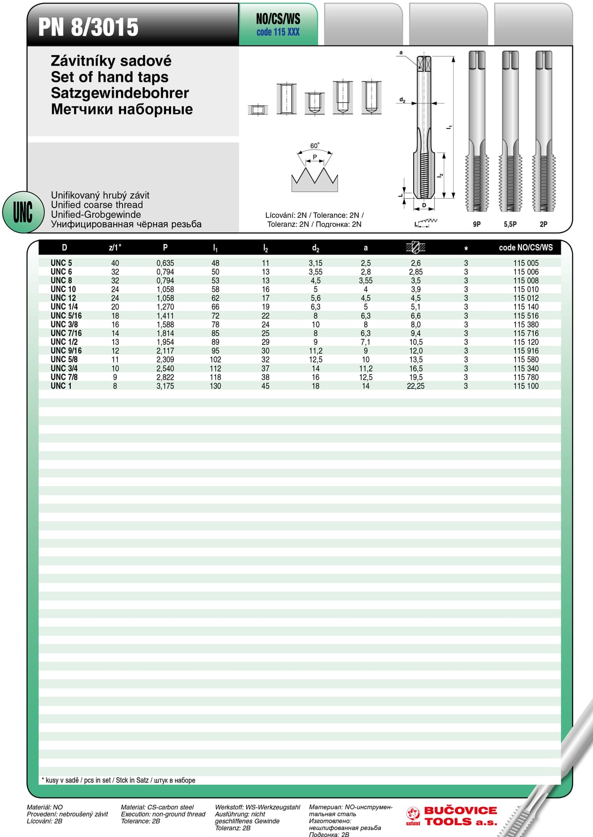 Метчики наборные BUCOVICE TOOLS, набор из 3 шт унифицированная чёрная резьба UNC1/2 / Ø10,5 мм инструментальная сталь (NO/CS) 115120