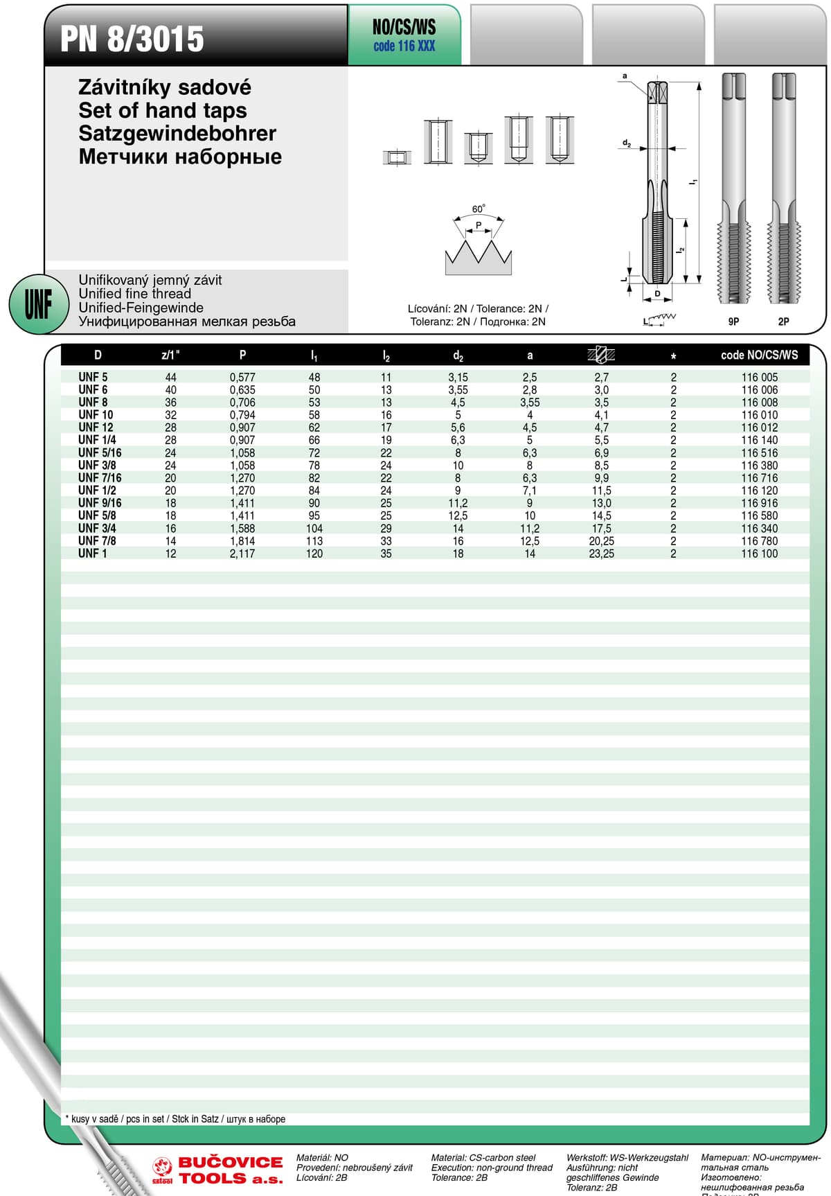 Метчики наборные BUCOVICE TOOLS, набор из 2 шт, унифицированная мелкая резьба UNF9/16 / Ø13,0 мм инструментальная сталь (NO/CS) 116916